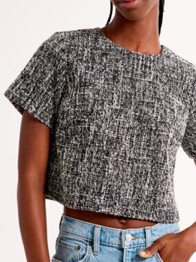 Abercrombie & Fitch Womens XS Tweed Woven Tee Top Black White Cropped Boxy Lined